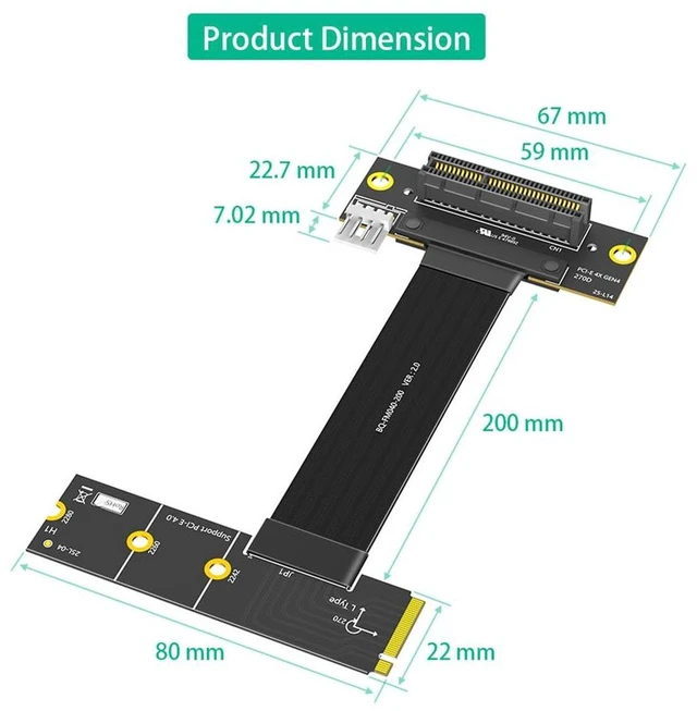 Alt view image 6 of 7 - AJMRTC PCIe 4.0 X4 to M.2 Key M Extension Cable, 20cm, PCIe 4X 270° Connector with Left-Angle M Key, Compatible with PCIe4.0 NVMe 2280 SSD for Desktop PC Storage Relocation