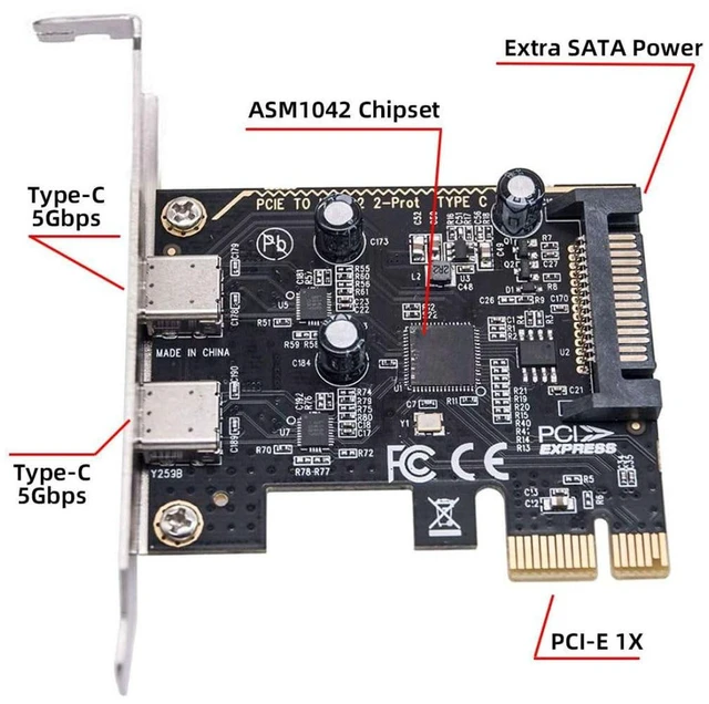Alt view image 7 of 7 - AJMRTC 2 Port PCIe X1 to 2 USB-C Expansion Hub Card, PCI Express USB Type-C Adapter with 80mm & 120mm Bracket Options, Extra 15Pin SATA Power Supply for Desktop PC