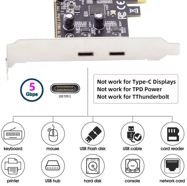 Alt view image 5 of 7 - AJMRTC 2 Port PCIe X1 to 2 USB-C Expansion Hub Card, PCI Express USB Type-C Adapter with 80mm & 120mm Bracket Options, Extra 15Pin SATA Power Supply for Desktop PC