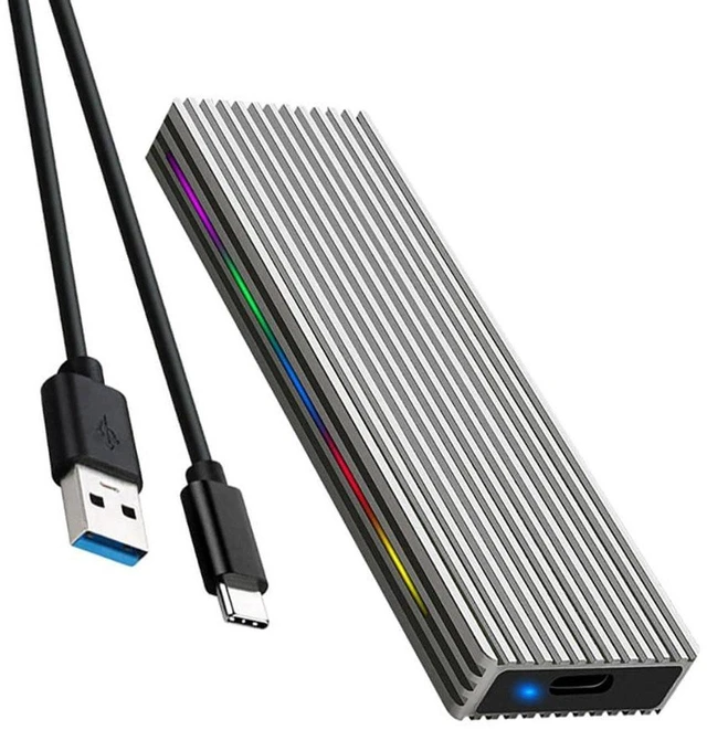 Main image of AJMRTC M.2 M-Key SSD Enclosure, 10Gbps USB3.1 NVMe NGFF Dual Protocol External SSD Case, Aluminum Alloy Portable USB-C Mobile Box with RGB Light, USB C to C & C to A Cable Included, Silver