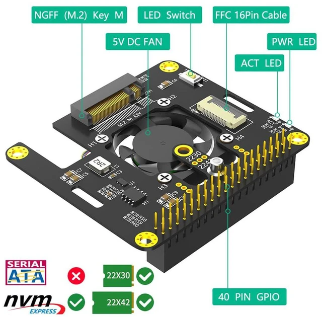 Alt view image 2 of 7 - AJMRTC M.2 NVMe M-Key to PCIe Adapter with Cooling Fan & Auto Color Changing LED, NVMe SSD Expansion Board for Raspberry Pi 5, Supports 2230 / 2242 Size M.2 SSD
