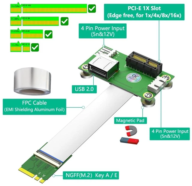 Alt view image 3 of 7 - AJMRTC NGFF M.2 Key A+E to PCIe X1 + USB2.0 Riser Card, 25cm FPC Cable, 4Pin FDD Aux Power Input, Magnetic Mounting Pads, Compatible with PCIe X1/X4/X8/X16 Slots for WiFi Bluetooth Module