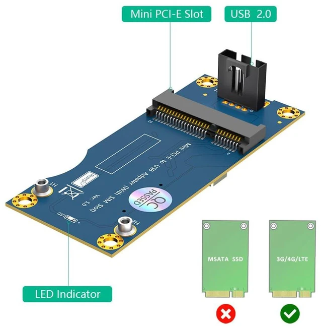 Alt view image 5 of 7 - AJMRTC Mini PCI-E to USB 2.0 Adapter Card, Vertical USB Port, 6Pin 8Pin Dual Compatible SIM Slot, 480Mbps WWAN LTE 3G 4G Module Riser Board for Embedded PC Industrial Router IoT Project