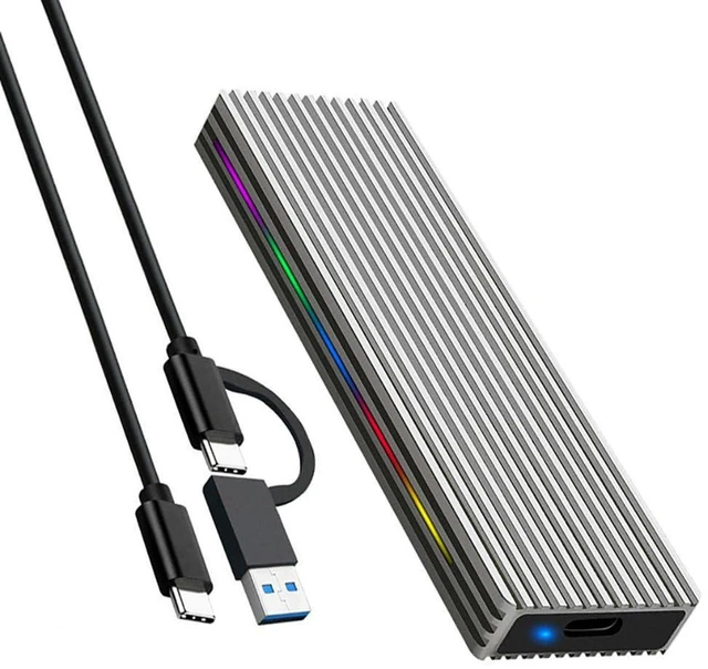 Main image of AJMRTC Silver M.2 M Key NVMe SSD Enclosure, USB3.1 Gen2 10Gbps / 5Gbps NGFF Mobile Case with RGB Light, Includes USB C to C Cable for External Portable Storage