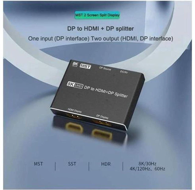 Alt view image 4 of 7 - AJMRTC DP 1.4 8K DisplayPort to DP + HDMI MST Splitter, 1 In 2 Out Video Converter, 8K@30Hz 4K@120Hz HDR SST MST Dual Display Adapter for PC Laptop Graphics Card