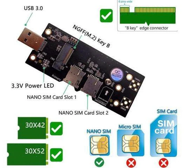 Alt view image 5 of 5 - AJMRTC M.2 NGFF Key B to USB 3.0 Adapter Expansion Card, Dual Nano SIM Card Slot, 5Gbps WWAN LTE 3G 4G 5G Modem Converter, Supports 3042 3052 M.2 Socket 2 Module for Industrial Router Gateway