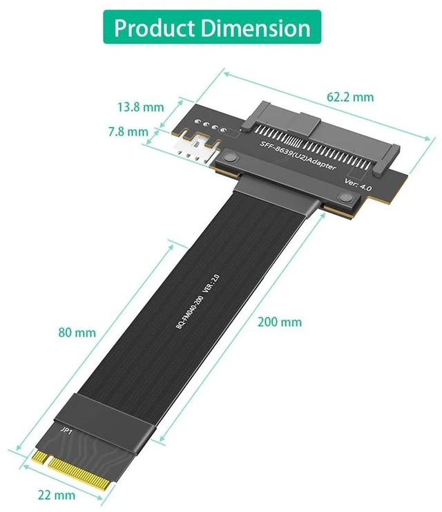Alt view image 3 of 6 - AJMRTC M.2 Key M PCIe4.0 to U.2 SFF-8639 Extension Cable, 20CM NGFF NVMe Adapter, PCIe Gen4 X4, Compatible with 2280 M.2 NVMe Slot for Server Workstation NAS U.2 SSD