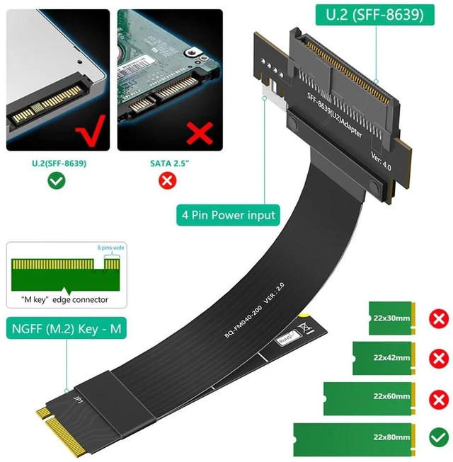 Alt view image 5 of 6 - AJMRTC M.2 Key M PCIe4.0 to U.2 SFF-8639 Extension Cable, 20CM NGFF NVMe Adapter, PCIe Gen4 X4, Compatible with 2280 M.2 NVMe Slot for Server Workstation NAS U.2 SSD