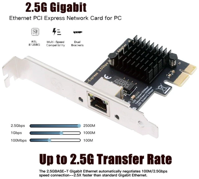 Alt view image 4 of 7 - AJMRTC PCIe X1 to RJ45 2.5G Ethernet Network Adapter Card, Multi-Gigabit LAN NIC for Desktop PC, Server, NAS, AI Host, with 8cm & 12cm Slot Brackets, Wake-on-LAN, Jumbo Frame Support