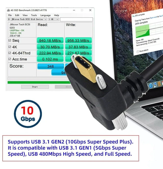 Alt view image 7 of 7 - AJMRTC 3.28FT USB-C to USB-C 90 Degree Right Angle Extension Cable, 10Gbps, 4K@60Hz Video Output, PD 65W Fast Charging Cord, 6.8mm/15.0mm Screw Mounting Spacing for Monitor, Docking Station, Industria