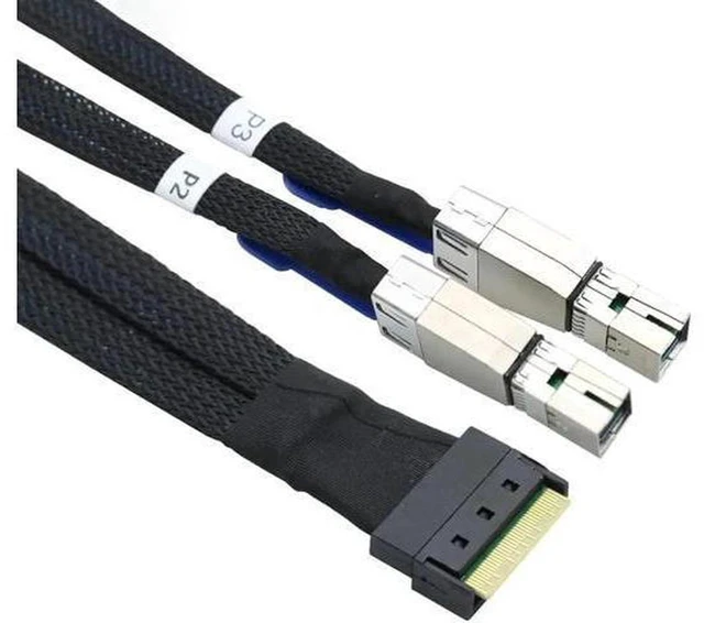 Main image of AJMRTC Slimline SAS SFF-8654 8i 74Pin to Dual SFF-8644 Mini SAS HD 4i Breakout Server Cable, PCIe Gen4 SAS 4.0 Y Splitter Cord for HBA RAID Controller JBOD Storage Array, 1 Pack