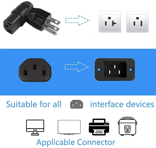 Alt view image 6 of 7 - AJMRTC 90 Degree Right Angle NEMA 5-15P Male to IEC 320 C13 Female Power Adapter, 10A 125V AC Computer Power Extension Connector for PC, Monitor, Server, Power Supply, UPS