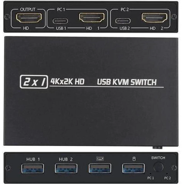 Main image of AJMRTC 2 Port HDMI-Compatible KVM Switch 2 In 1 Out, USB 2.0 KVM Switcher, 4K Video Support, Share One Monitor Keyboard Mouse USB Peripherals Between 2 Computers, Plug and Play for Desktop Laptop