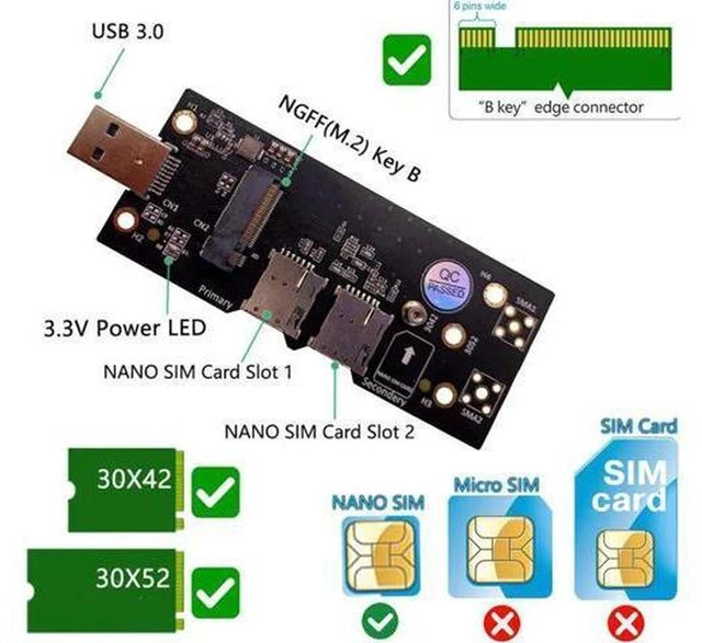 Alt view image 5 of 5 - AJMRTC M.2 NGFF Key B to USB 3.0 Adapter Card, Dual Nano SIM Slot Expansion Board, 5G 4G LTE WWAN Converter for 3042 3052 Cellular Module, Desktop Laptop IoT Router