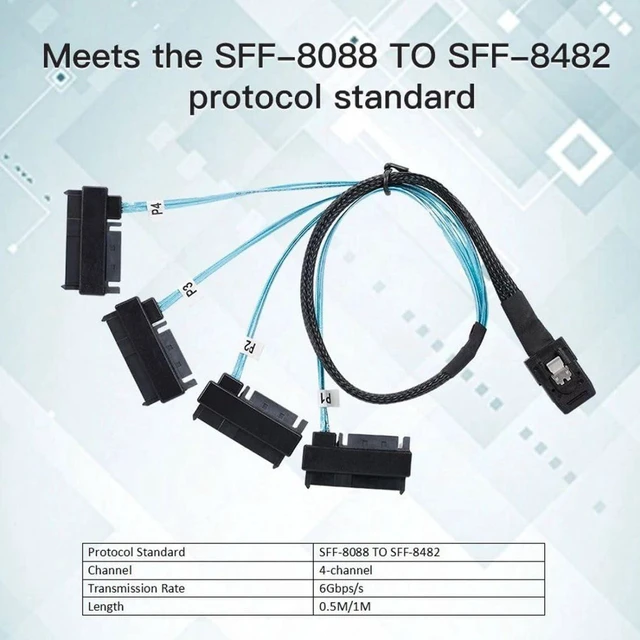Alt view image 7 of 7 - AJMRTC 1m Internal Mini SAS 36Pin SFF-8087 Host to 4x SFF-8482 SAS Hard Drive Target Breakout Cable, 6Gbps SAS 2.0 Data Cord for RAID Controller, HBA Card, Server HDD Backplane Connection