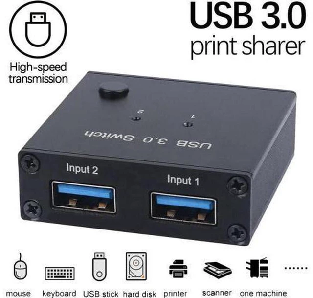Main image of AJMRTC 2 Ports USB 3.0 Switcher 2 In 1 Out Selector, 2 Computers Share 1 USB Device, High Speed USB 3.0 Sharing Switch for Mouse Keyboard U Disk Printer Scanner