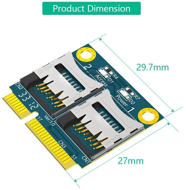 Alt view image 6 of 7 - AJMRTC Mini PCI-E to Dual Micro SD TF Card Reader Adapter, With Adjustable Metal Extender Bracket, Supports Half-Size & Full-Size Mini PCI-E Installation