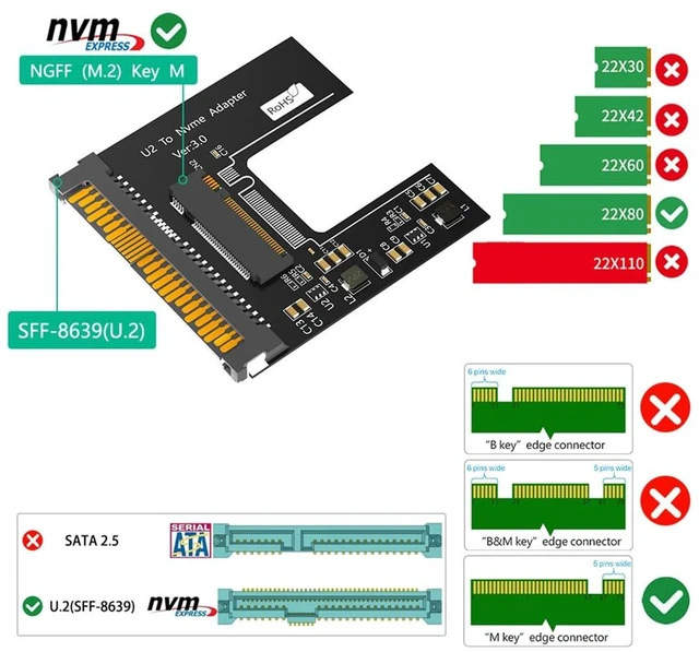 Alt view image 7 of 7 - AJMRTC PCIe Gen3 x4 M.2 NGFF NVMe SSD to U.2 SFF-8639 Adapter, 2.5 Inch Form Factor for 2280 M-Key NVMe SSD, No Thermal Pad Included