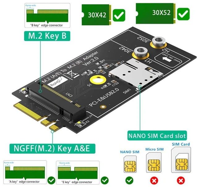 Alt view image 7 of 7 - AJMRTC M.2 Key B to M.2 NGFF A+E Adapter Card, With Nano SIM Card Slot, Supports 3G 4G 5G WWAN Module, USB 2.0 / PCI-E Dual Bus Interface