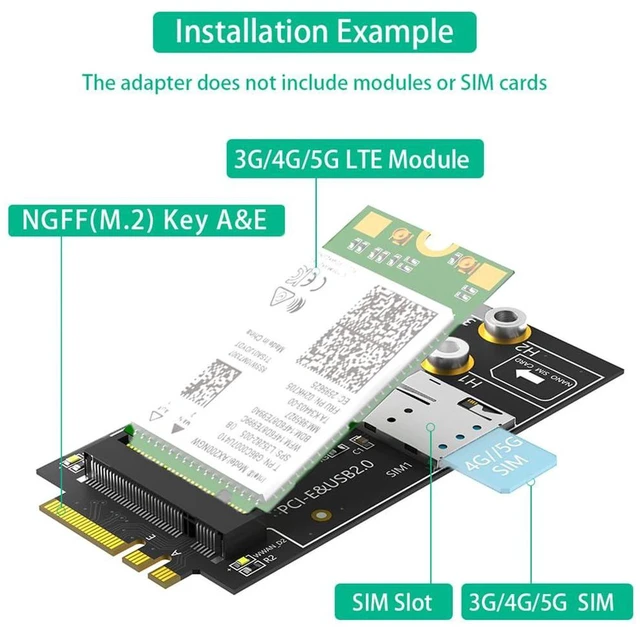 Alt view image 4 of 7 - AJMRTC M.2 Key B to M.2 NGFF A+E Adapter Card, With Nano SIM Card Slot, Supports 3G 4G 5G WWAN Module, USB 2.0 / PCI-E Dual Bus Interface