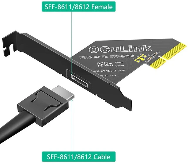 Alt view image 6 of 7 - AJMRTC OCuLink SFF-8611 / SFF-8612 to PCIe 4.0 X4 Host Adapter Card, Gen4 64Gbps Passive Riser with Full Long Profile Bracket, Supports NVMe SSD, eGPU, Compatible with Mac OS, Windows, Linux
