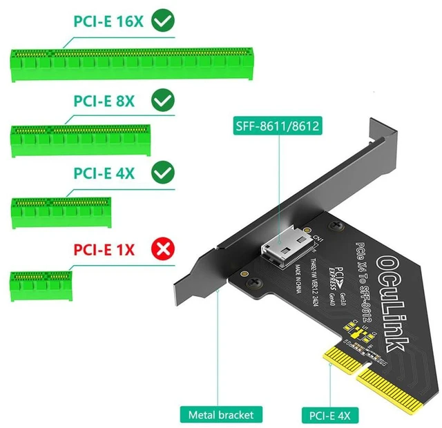 Alt view image 3 of 7 - AJMRTC OCuLink SFF-8611 / SFF-8612 to PCIe 4.0 X4 Host Adapter Card, Gen4 64Gbps Passive Riser with Full Long Profile Bracket, Supports NVMe SSD, eGPU, Compatible with Mac OS, Windows, Linux
