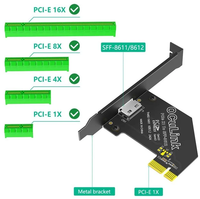 Alt view image 4 of 7 - AJMRTC OCuLink SFF-8611 / SFF-8612 to PCIe 4.0 X1 Host Adapter Card, Gen4 Passive Riser with Full Long Profile Bracket, Cross-Platform Support for Mac OS, Windows, Linux, for Low-Speed NVMe Expansion