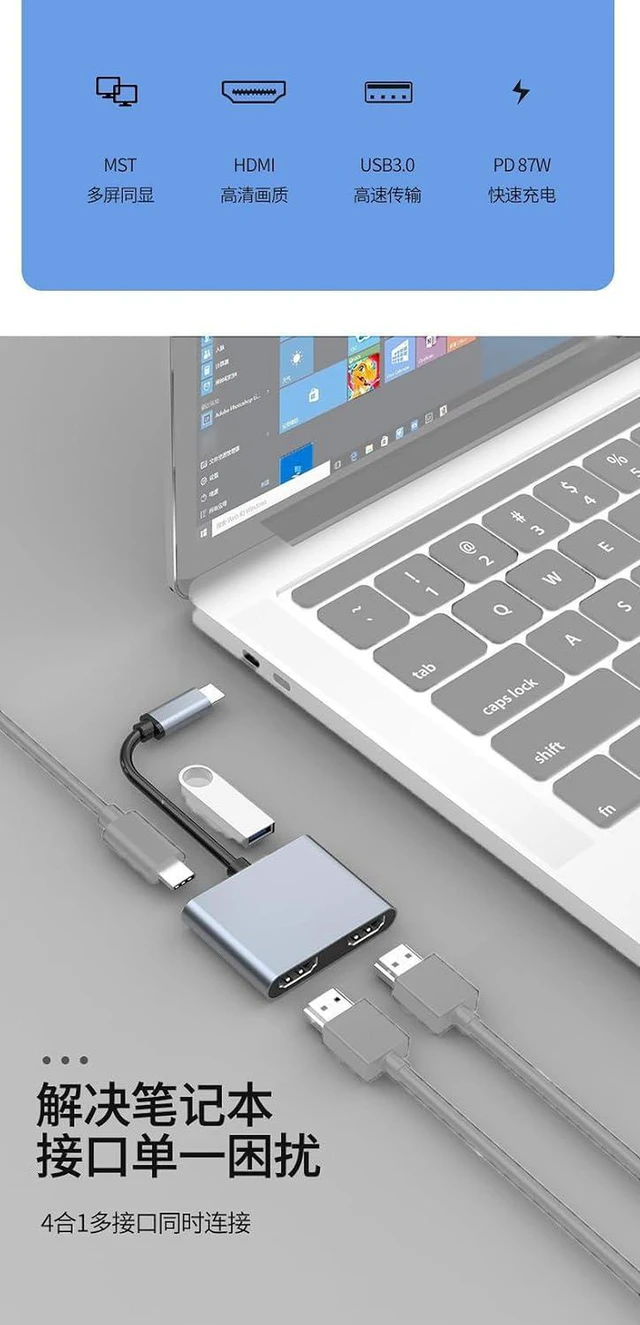 Alt view image 4 of 5 - AJMRTC 4 in 1 USB C Docking Station, USB-C to Dual HDMI-Compatible + USB 3.0 Hub, Multi Monitor Adapter, Portable Type-C Dock for MacBook, PC and Laptops