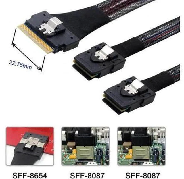 Alt view image 4 of 7 - AJMRTC SF-029 Slimline SAS 4.0 Cable, SFF-8654 8i 74Pin Host to Dual SFF-8087 Mini SAS Breakout Cable, PCIe Ultraport SlimSAS Cable for Server Storage RAID Controller