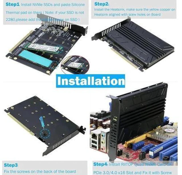 Alt view image 2 of 6 - AJMRTC 4 Port M.2 NVMe PCIe Adapter Card, PCIe 4.0 / 3.0 x16 Expansion Controller, Supports 4 M-Key NVMe SSD 2230 2242 2260 2280, PCIe Bifurcation Required for PC Server Workstation