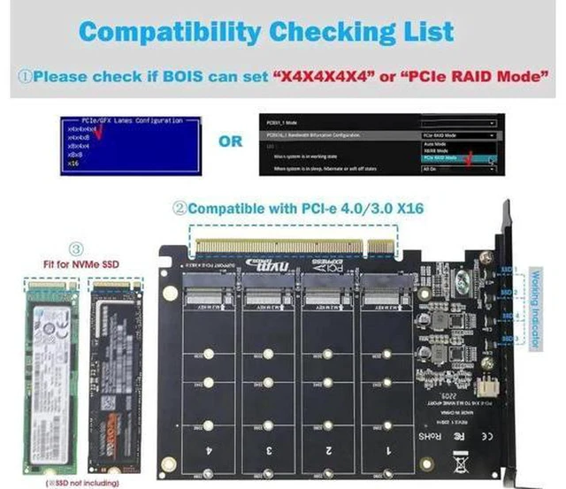 Alt view image 6 of 6 - AJMRTC Quad M.2 NVMe SSD to PCIe 4.0/3.0 x16 Expansion Card, 4-Port M-Key NVMe Adapter Controller Card, Supports 2230 2242 2260 2280 NVMe SSD, PCIe Bifurcation Required for Full Speed, for Desktop PC