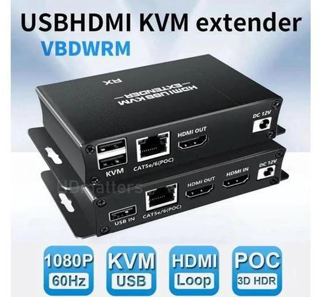 Main image of AJMRTC 60M HDMI KVM Extender Over Single Cat5e/Cat6 Ethernet Cable, POC 1080P@60Hz HDMI USB KVM Transmitter Receiver Kit for Keyboard Mouse Video Extension