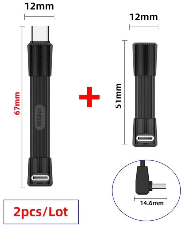 Alt view image 5 of 7 - AJMRTC 2 Pack Short Flat USB4 Type-C Cable, 90 Degree Angled USB-C Male to Male / Male to Female Extension Cord, 80Gbps Data, 8K@60Hz Video, PD 240W Fast Charge, 2.01 Inch & 2.64 Inch Length, Black