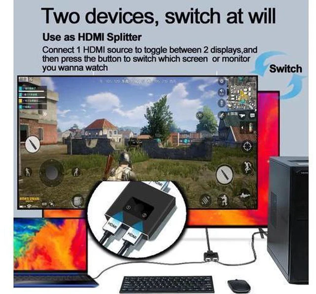 Alt view image 5 of 6 - AJMRTC Bi-Directional HDMI 2.0 Switch Splitter, 2x1 / 1x2 HDMI Signal Selector, No External Power Required, Aluminum Alloy Housing, 4K@60Hz HDR HDCP2.2 Video Switcher for PC, Game Console, TV, Monitor