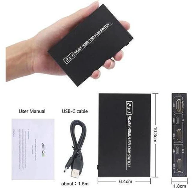 Alt view image 7 of 7 - AJMRTC 2 Port HDMI KVM Switch Box, 2 In 1 Out HDMI USB KVM Switcher, 2 Computers Share Single Monitor Keyboard Mouse USB Devices