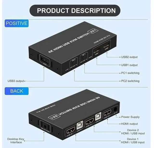 Alt view image 7 of 7 - AJMRTC 2 Port HDMI KVM Switch, 2 In 1 Out HDMI USB Switcher, 2 Computers Share One Monitor, Keyboard, Mouse and USB Printer Flash Drive