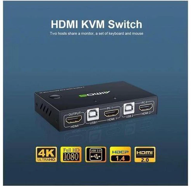 Alt view image 4 of 7 - AJMRTC 2 Port HDMI KVM Switch, 4K@30Hz 2 In 1 Out KVM Switcher, Share One Set Keyboard Mouse USB Peripherals for 2 Computers, Monitor Display Switch Box