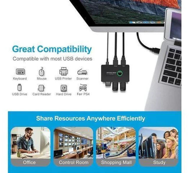 Alt view image 4 of 6 - AJMRTC HDMI-Compatible USB 3.0 KVM Switch, 2 Computers Share 4 USB Devices, 2 In 1 Out KVM Switcher for Keyboard, Mouse, Printer, Flash Drive, One Button Toggle for Desktop Laptop Workstation