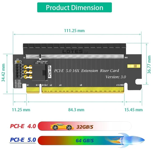 Alt view image 6 of 7 - AJMRTC PCIe 5.0 x16 to x16 180 Degree Height Extension Adapter Card, 64GB/s High-Speed GPU Riser with ATX 6Pin Power Connector, Full x16 Lane for Graphics Card Vertical Mount