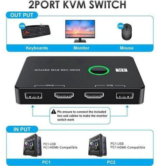 Alt view image 6 of 6 - AJMRTC 2 Port HDMI USB3.0 KVM Switch, 2 In 1 Out KVM Switcher, 2 Computers Share 1 Monitor and 4 USB 3.0 Peripherals, 4K@60Hz HDMI 2.0 KVM Box for Keyboard Mouse Printer USB Drive