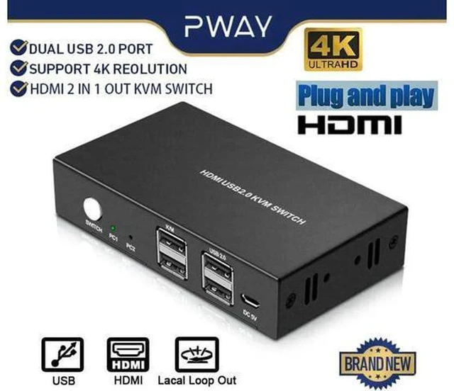 Alt view image 3 of 6 - AJMRTC 2 Port HDMI KVM Switch, 2 in 1 Out USB HDMI Switcher 4K@60Hz HDMI 2.0, Single Monitor KVM Box for 2 PC Share Keyboard Mouse USB Peripherals, HDCP 2.2 Plug and Play