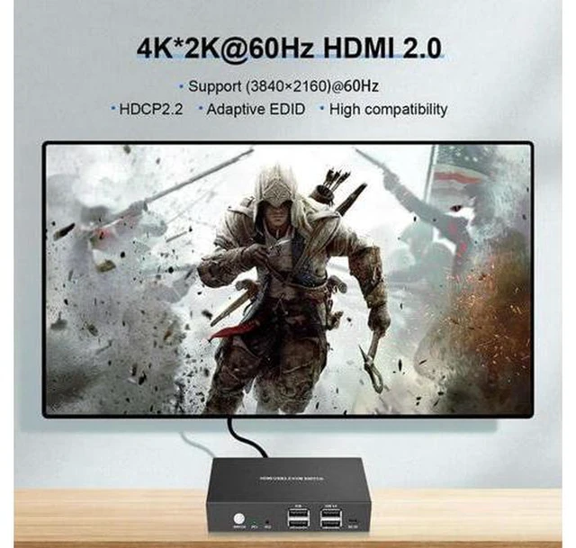 Alt view image 5 of 6 - AJMRTC 2 Port HDMI KVM Switch, 2 in 1 Out USB HDMI Switcher 4K@60Hz HDMI 2.0, Single Monitor KVM Box for 2 PC Share Keyboard Mouse USB Peripherals, HDCP 2.2 Plug and Play