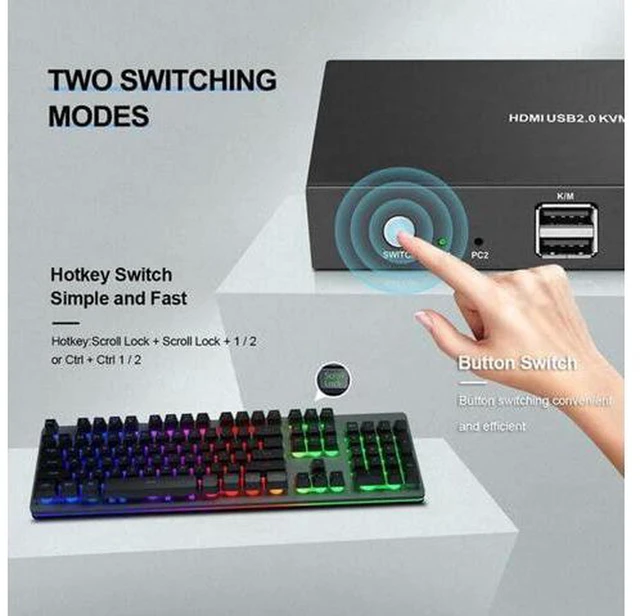 Alt view image 4 of 6 - AJMRTC 2 Port HDMI KVM Switch, 2 in 1 Out USB HDMI Switcher 4K@60Hz HDMI 2.0, Single Monitor KVM Box for 2 PC Share Keyboard Mouse USB Peripherals, HDCP 2.2 Plug and Play