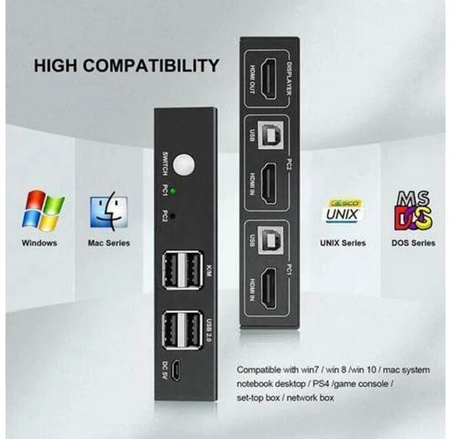 Alt view image 2 of 6 - AJMRTC 2 Port HDMI KVM Switch, 2 in 1 Out USB HDMI Switcher 4K@60Hz HDMI 2.0, Single Monitor KVM Box for 2 PC Share Keyboard Mouse USB Peripherals, HDCP 2.2 Plug and Play
