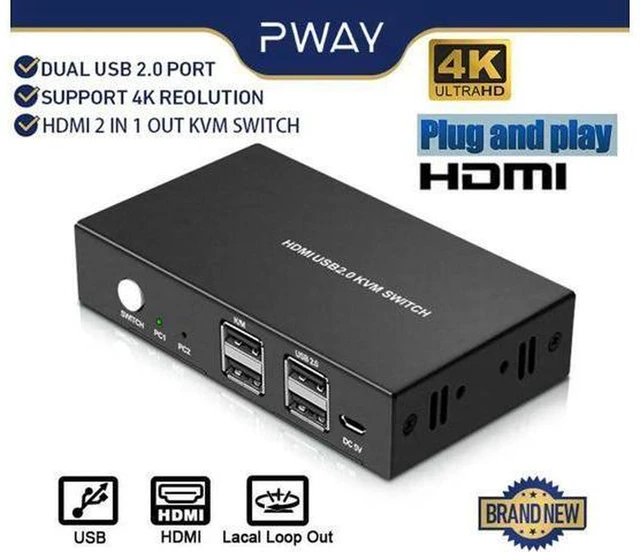 Alt view image 6 of 6 - AJMRTC 2 Port HDMI USB KVM Switch, 2 In 1 Out 4K@60Hz HDMI 2.0 Switcher Box, Share Monitor, USB Keyboard, Mouse and USB Peripherals for 2 PCs, HDCP 2.2 Plug and Play