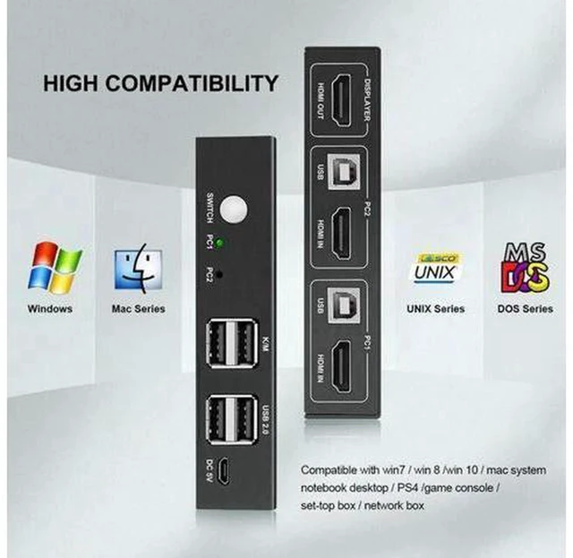 Alt view image 3 of 6 - AJMRTC 2 Port HDMI USB KVM Switch, 2 In 1 Out 4K@60Hz HDMI 2.0 Switcher Box, Share Monitor, USB Keyboard, Mouse and USB Peripherals for 2 PCs, HDCP 2.2 Plug and Play