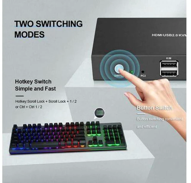 Alt view image 4 of 6 - AJMRTC 2 Port HDMI USB KVM Switch, 2 In 1 Out 4K@60Hz HDMI 2.0 Switcher Box, Share Monitor, USB Keyboard, Mouse and USB Peripherals for 2 PCs, HDCP 2.2 Plug and Play
