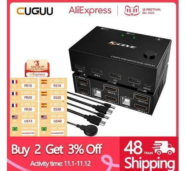 Main image of AJMRTC 2 Port Dual Monitor HDMI KVM Switch 4K@60Hz HDMI 2.0, 2 In 2 Out Dual Screen KVM Switcher, Control 2 Computers or Laptops Share 2 Monitors, Keyboard Mouse USB Peripherals, HDCP 2.2 Plug and Pla