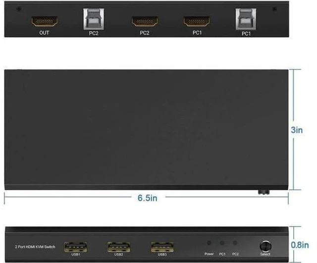 Alt view image 2 of 6 - AJMRTC 2 Port HDMI KVM Switch, 4K@30Hz HDMI Switcher with 3 USB2.0 Shared Ports, 2 In 1 Out KVM Selector, Share Monitor, Keyboard, Mouse and Printer for 2 Computers, HDCP Compliant Plug and Play