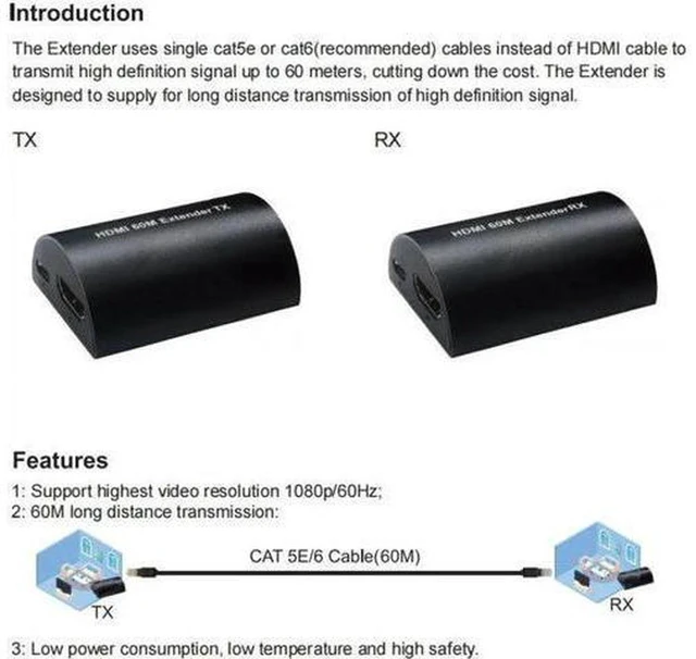 Alt view image 4 of 5 - AJMRTC 60M HDMI Over Ethernet Extender, 1080P Full HD HDMI to RJ45 Converter, Transmit HDMI Signal via Cat5 Cat6 Cat7 Network Cable, Local Loop Out & EDID, for TV Monitor Projector Security Camera